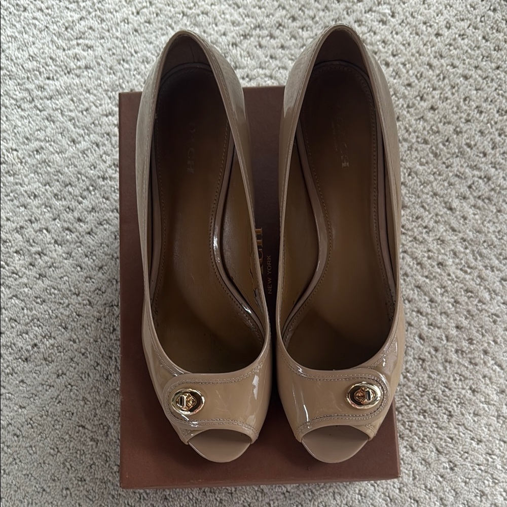 Coach Tan Patent Leather Peep-Toe Wedge Heels